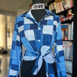 Patchwork Long Sleeve Tee - Blue